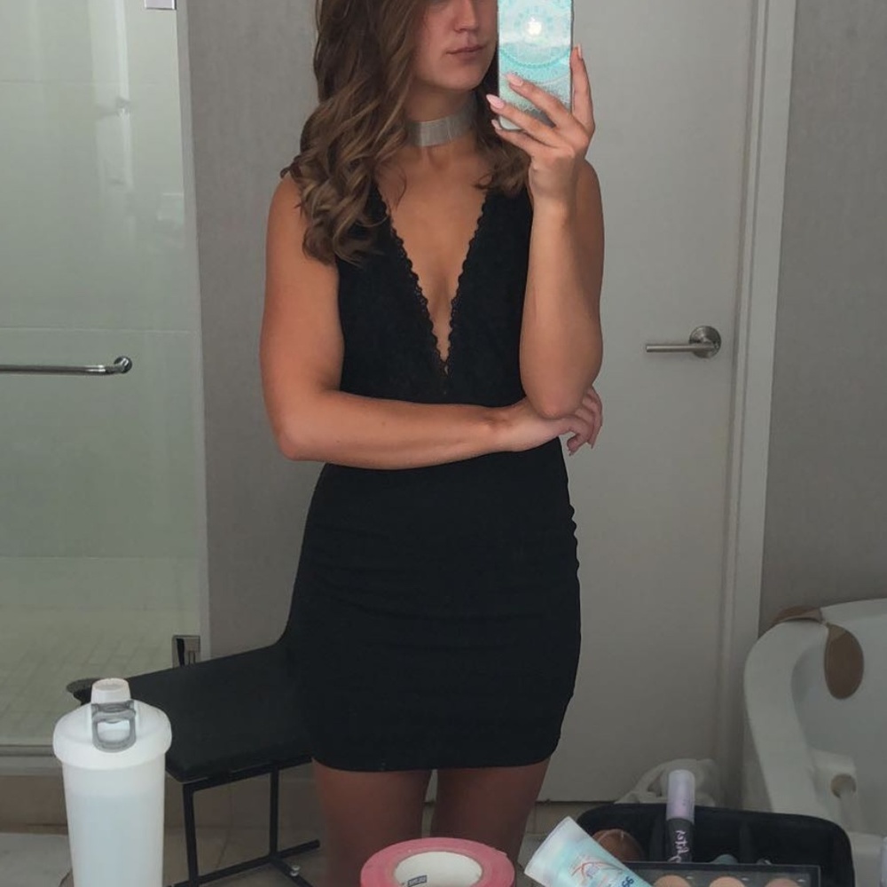Black Bodycon Mini Dress with Lace Top - Backless